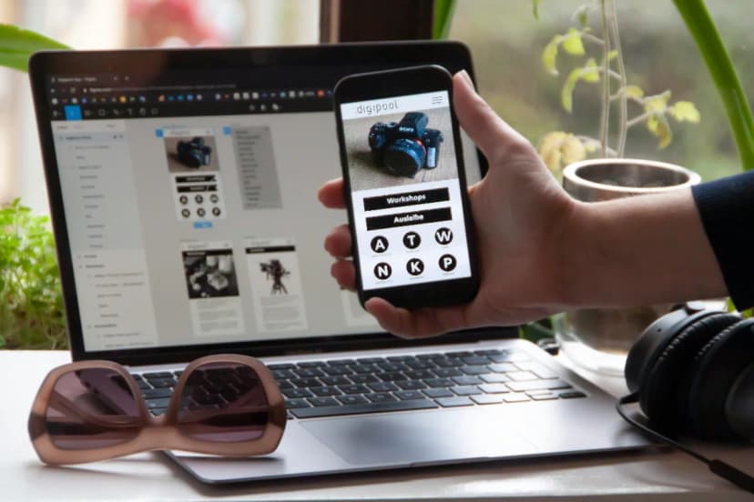 The image depicts a person's hand holding a smartphone with a website on the screen, positioned in front of an open laptop displaying a similar website. The scene is set on a white desk with various items, including sunglasses and headphones.